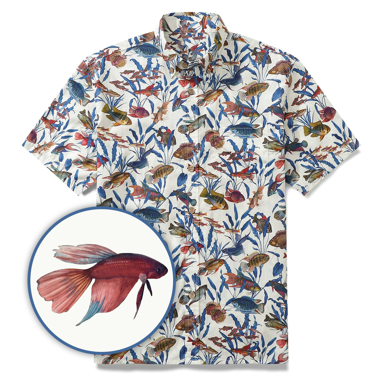 Camiseta estampada com peixinho dourado de planta azul
