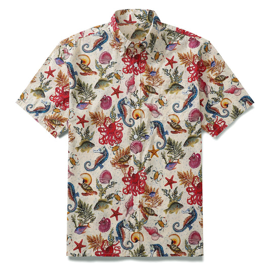 Camiseta com estampa de estrela do mar e gola alta damasco