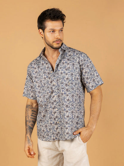 Camisa masculina xadrez azul floral