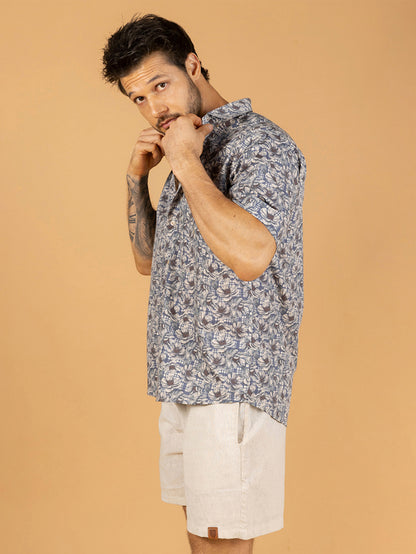 Camisa masculina xadrez azul floral