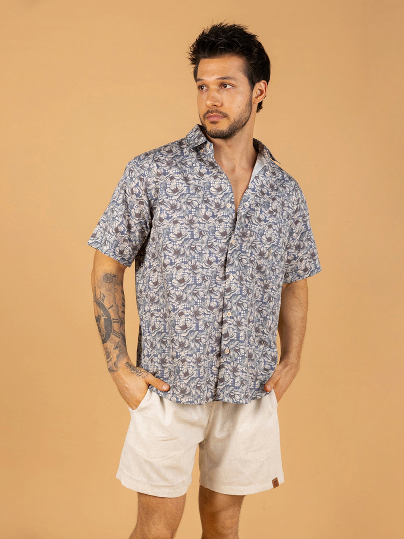 Camisa masculina xadrez azul floral