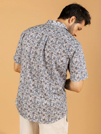 Camisa masculina xadrez azul floral