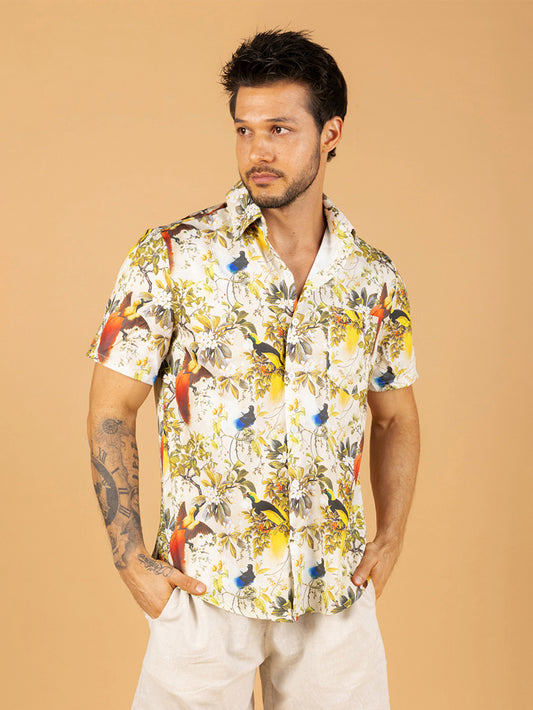 Camiseta amarela com estampa de pássaro do paraíso