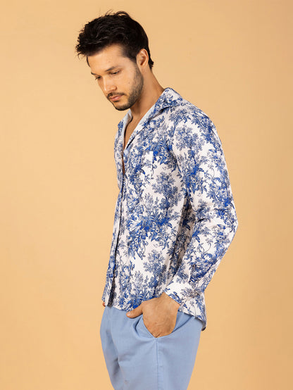 Camisa masculina porcelana azul casual