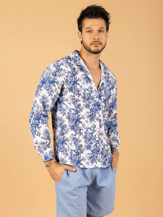 Camisa masculina porcelana azul casual
