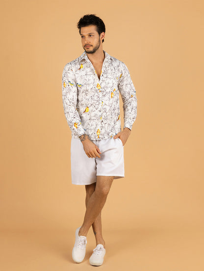 Camisa masculina branca flores eaves