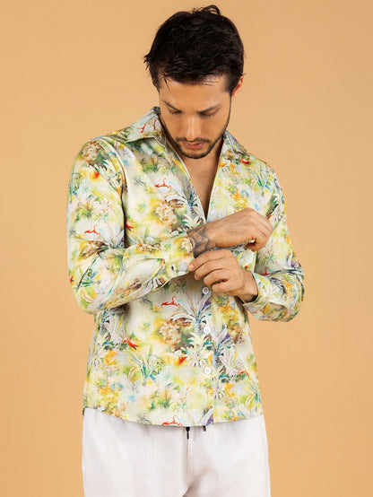 Camisa Masculina Longa Verde Flora