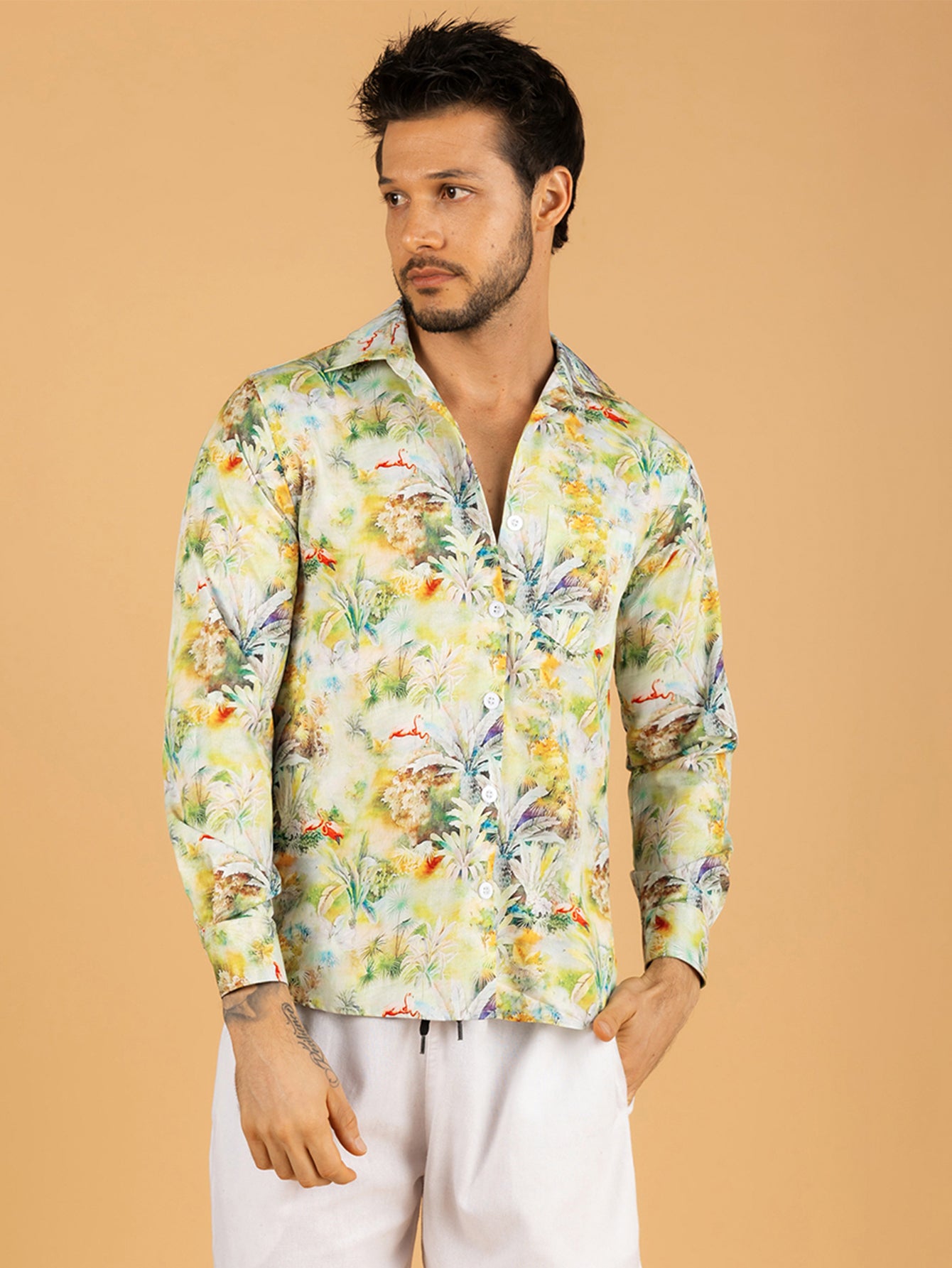 Camisa Masculina Longa Verde Flora