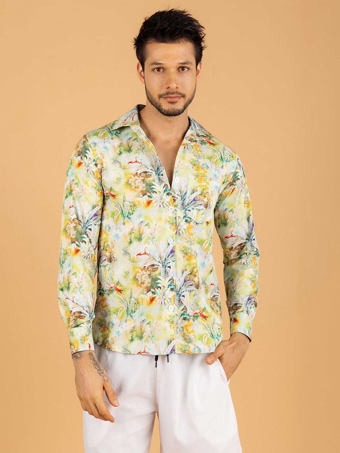 Camisa Masculina Longa Verde Flora