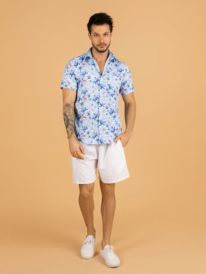 Camisa masculina azul animais marinhos
