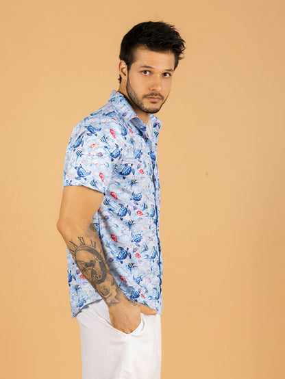 Camisa masculina azul animais marinhos